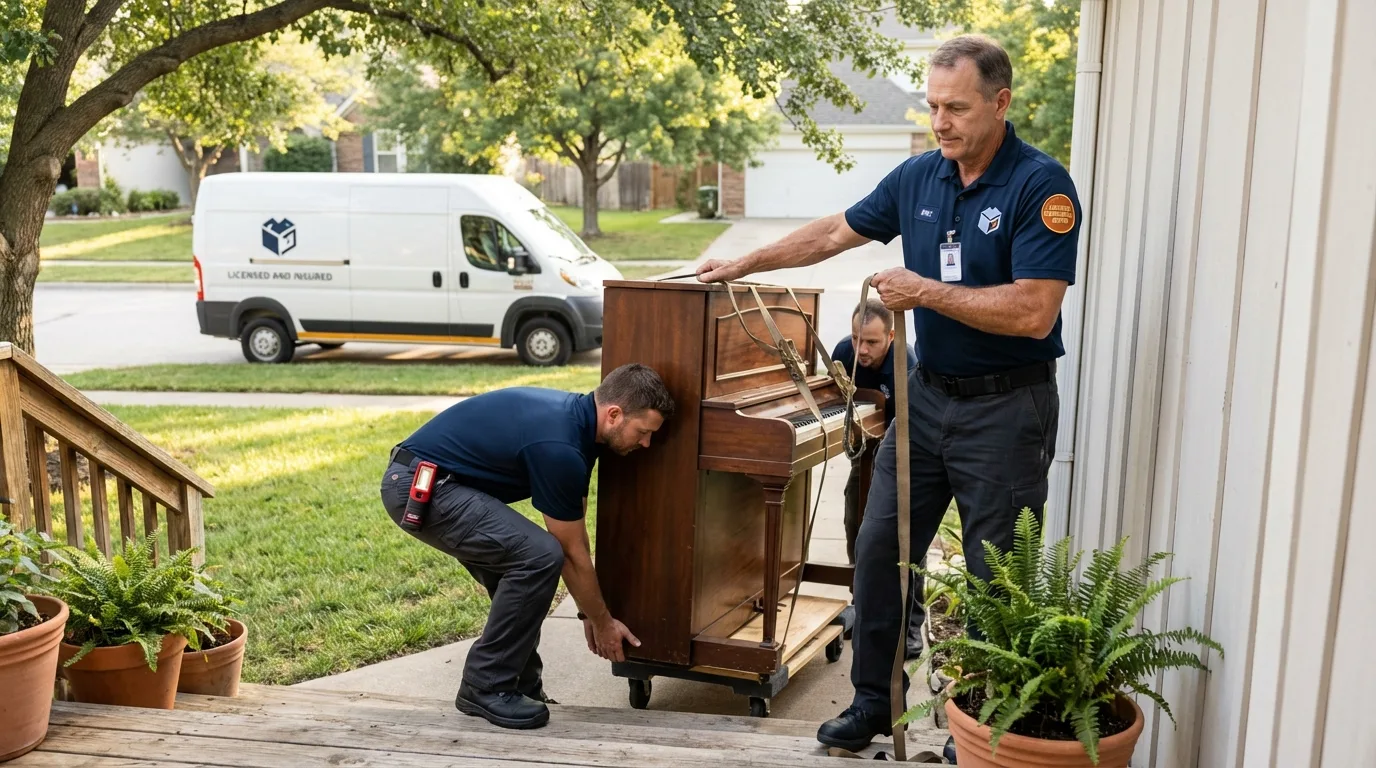 Licensed piano movers securing grand piano in Fernandina Beach, FL