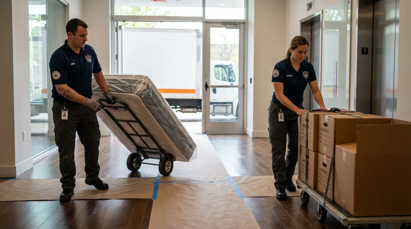 Professional apartment movers loading elevator in Fernandina Beach, FL